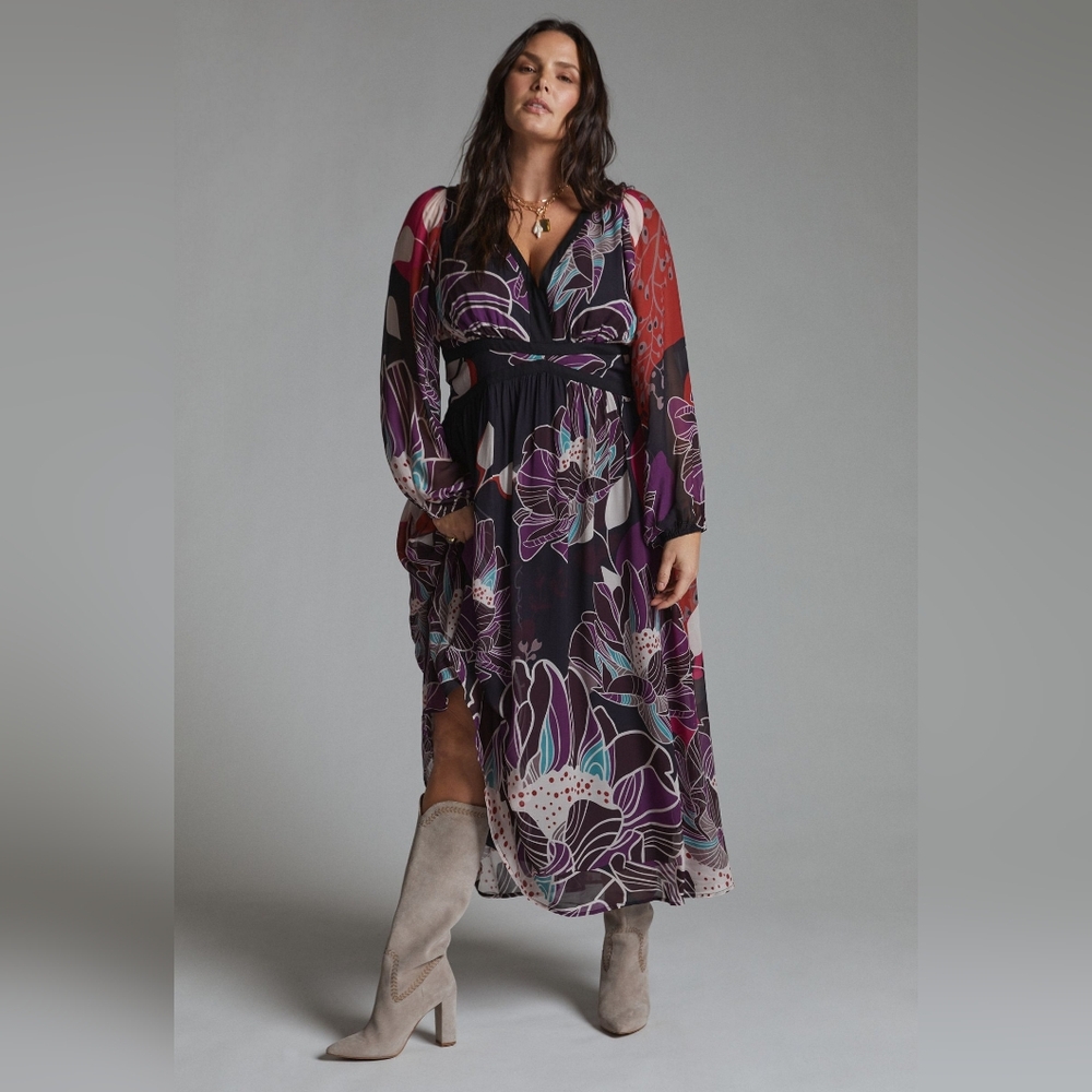NWOT Anthropologie Let Me Be Floral Black and Purple Midi Dress